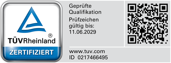 Prüfzeichen TÜV Rheinland: Geprüfte Qualifikation Manager für angewandte KI-Transformation, ID 0217466495, gültig bis 11.06.2029